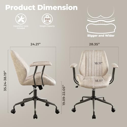 Image of ovios Ergonomic Office Chair, Mid Back Faux Leather Executive Chairs with Armrests, Comfy Mid-Century Modern Swivel Rolling Computer Armchair (Beige, Suede Leather)