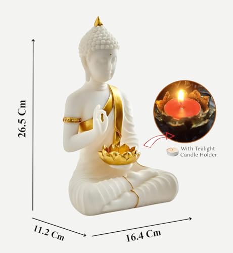 Image of SN Handicrafts Decorative Buddha Statue with T-Light Lotus candel, White and Gold, Polystone Meditation Figurine for Home Gift Gifting Item Buddha Idol Statue Showpiece (White) 1pic