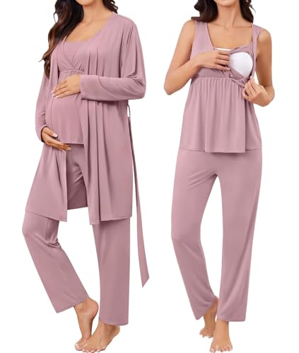 Image of SWOMOG Maternity Nursing Robe Set 3 Piece Breastfeeding Pajamas 3 in 1 Labor Delivery Sleevless Tops&Long Pants Pregnancy Pjs