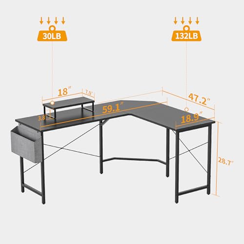 Image of Cubiker Gaming Cornerdesk 150 x 120 cm, Cornerdesk with Monitor Stand and Side Storage Bag, Gamingdesk L Shape, Computerdesk, Black