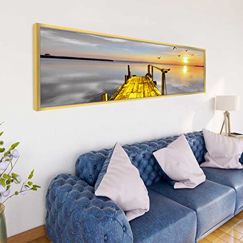 Image of PAINTINGMANTRA Landscape by the Pier Sunrise on Water Large Canvas Painting Framed Panel Wall Painting,Framed Paintings for Home Decoration,Living room,Bedroom & Office Decor (Multi, 13x47 Inch)