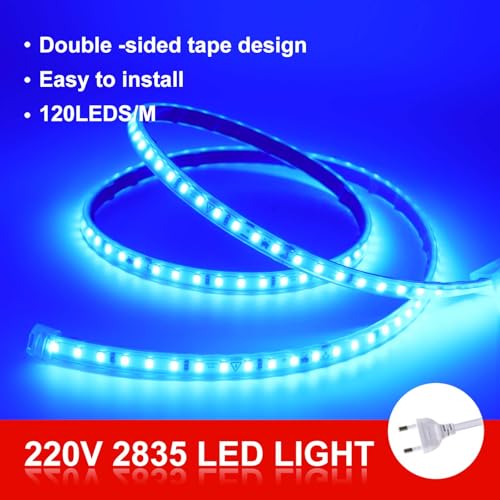 Wisada Anschluss an AC220-240V LED Streifen, 4M 120LEDs/m SMD2835 Flexible Superhell Blau CRI≥90 LED Lichtband, LED Band Lichtschlauch Leiste Kette Selbstklebend mit Stecker für Weihnachten