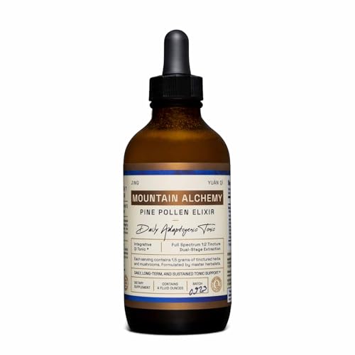 RAW Forest Foods Mountain Alchemy Pine Pollen Elixir Tincture – 1:2 True Dual–Stage Extraction – with Mountain Harvest Pine Pollen – 4 Fl Ounce Bottle