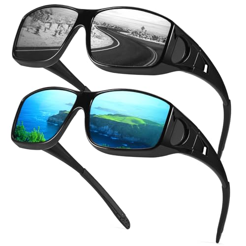 Myiaur Polarized Fit Over Glasses Sunglasses for Men Women, Trendy Wrap Around Sunglasses UV Protection for Driving (2 Pack)