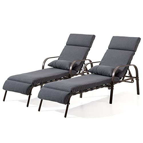 Pellebant Patio Chaise Lounge Chair With Cushion, Adjustable Chair With 5 Positions, Folding Outdoor Recliners All Weather For Pool, Beach And Yard, 2 Pcs,Dark Grey #TOP14