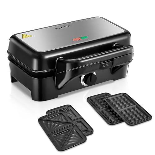 Croque Monsieur 3 en 1, Gauffrier Multifonctions 1200W, Contrôle de Température à 5 Vitesses, Machine à Panini avec Plaque Antiadhésive et Amovible,...