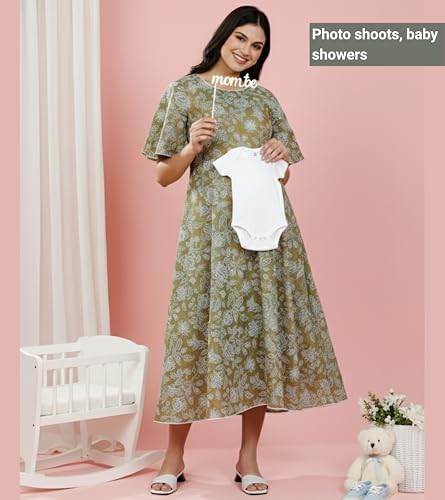 Image of DUMMY SHAPE Feeding Kurtis for Women Cotton Rayon | Printed Pregnancy Flare Kurta with Nursing Zippers to Pre & Post Partum | Maternity Dresses | Gifts for Pregnant Woman