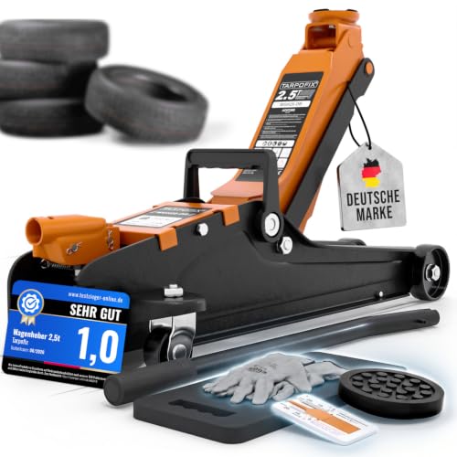Tarpofix® Wagenheber 2,5t hydraulisch (85-380 mm Hubhöhe) | Premium Rangierwagenheber 2,5 t mit sanftem Hydraulikhub | Hydraulischer Wagenheber flach für SUV & tiefergelegte Autos | Orange