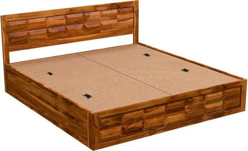 Image of Sheesham Wood King Size Bed with Storage Box | Wooden Box Bed King Size Double Cot Bed with Storage for Bedroom | Premium Barfi Design Headboard Bed for Hotel, Home | Honey Finish
