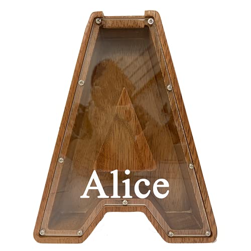 Ladenk Personalized Large Wooden Kids Letter Piggy Bank - Custom Engraved Name Coin Bank - Money Saving Box Frame Gift for Boys Girls - Brown, Modern, 9 Inch