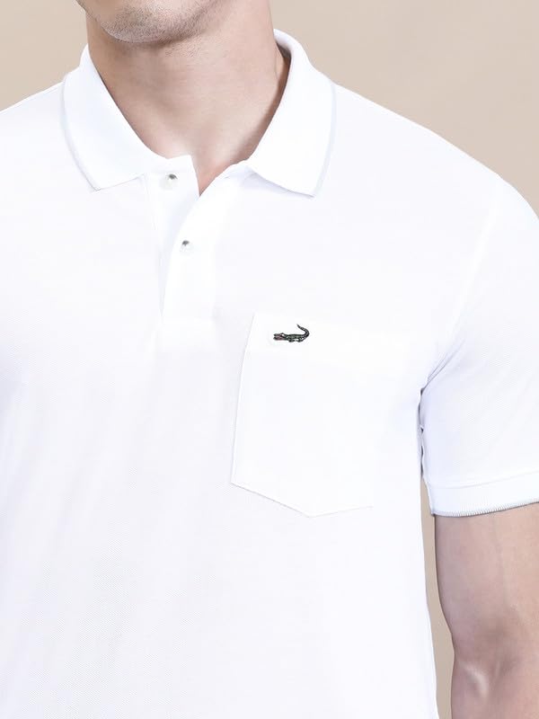 Image of CROCODILE Men Solid Polo T-Shirt | 100% Cotton | Short Sleeve | Slim Fit | Button Placket White
