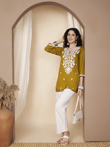 Image of Short Kurti for Women for Jeans, Chikankari Kurtis for Ladies, Lakhnavi V- Neck Women's Tunic Design Kurta, Floral Kurtas & Tunics for Woman