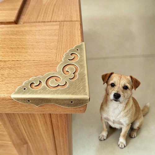 Image of Metal Corner Protectors Set of 4, Vintage Decorative Corner Protector for Antique Wooden Chests, Tables, Desks, Boxes, Edge Protection, Hollowed Out Flower Corner Guards for Decor Furniture (Bronze)