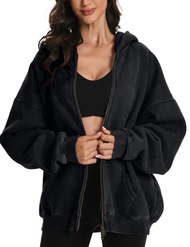 FAIABLE Womens Mens Double Zip Up Hoodie Oversized Acid Wash Heavyweight Hoodies Distress Cotton Fleece Vintage Y2k Full Zipper Couples Sweatshirt Black