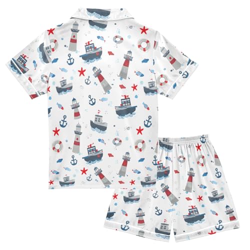Starfish Sailboat Cute Pattern Summer Satin Pajama Set, Cute Button-Down Sleepwear Pj Set for Sleep Wears2
