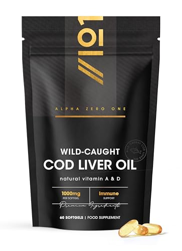 Cod Liver Oil 1000mg – 60 Softgels – Wild-Caught & Cold-Pressed - Source of Omega-3 Fatty Acids – Rich in Vitamins A & D3 – Immune Health + Vision Support – 2 Months Supply by Alpha01