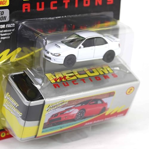 Johnny Lightning 1/64 2006 Impreza WRX White Mecum Storage Tin miniatura 4
