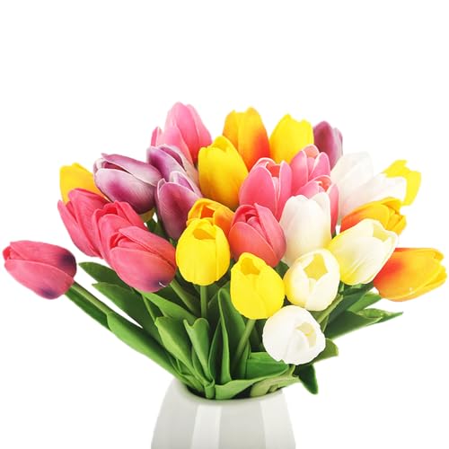 Kaxich 21 pcs Real Touch Artificielle Tulipes Fleurs Faux Tulipes Fleurs Bouquets Multicolores pour Décoration de Mariage, Cuisine, Bureau, Magasin de café,...