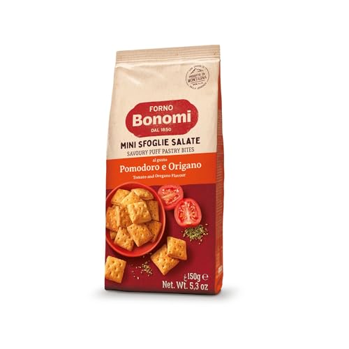 Forno Bonomi, Mini Sfoglie Pomodoro e Origano. Snack pronti da gustare per una pausa o per un aperitivo sfizioso con gli amici. Confezione da 150 grammi.