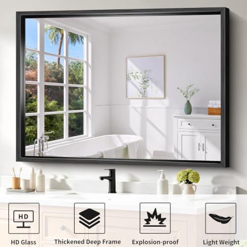 Image of Black Rectangle Mirror, 48 x 36 Inch Large Bathroom Mirrors for Over Sink, 0.6 inch Thickened Deep Frame Rectangular Wall Mirror, Brushed, Tempered Glass, Antirust, Horizontally /Vertically