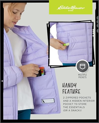 Image of Eddie Bauer Girls' Jacket - CirrusLite Weather Resistant Down Coat for Girls - Insulated Quilted Bubble Puffer (3-20), Size 10-12, Lavender