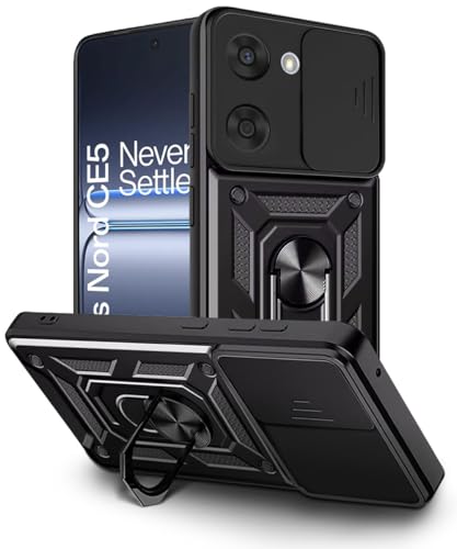 Image of WOW IMAGINE Tough Armor Bumper Mobile Back Case for 1+ OnePlus Nord CE 5 5G | Sliding Camera Shield Cover | Shock Proof 360 Protection | Hybrid PC + TPU | Ring Holder with Kickstand - Black