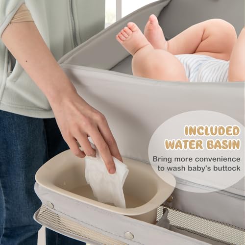 Image of HONEY JOY Changing Table, Folding Mobile Diaper Nursery Organizer w /Wheel, 3 Adjustable Heights, Storage Bag & Open Shelf, Water Basin, Portable Baby Changing Station for Newborn Infant(Gray)