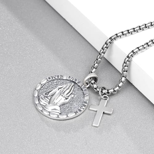 925 Sterling Silver Serenity Prayer Necklace Praying Hands Pendant with Cross Charm Religious Jewelry for Men Women3