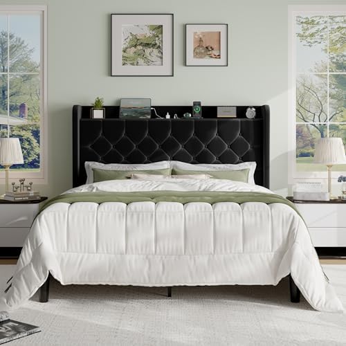 SHA CERLIN Queen Size Platform Bed Frame with Charging Station, V...