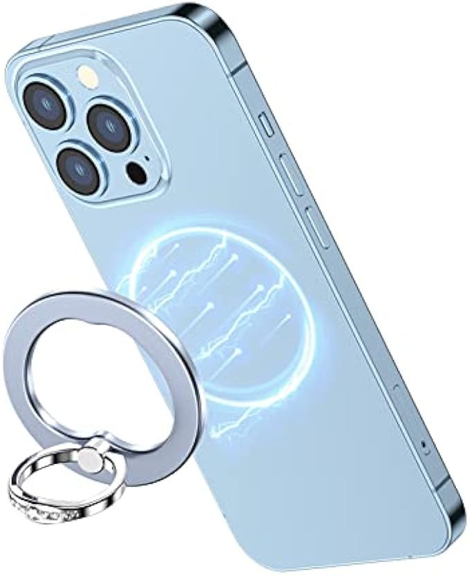 AUROX Magnetic Phone Ring Holder for iPhone 13 12 Magnetic Phone Grip for Magsafe Accessories 360° Rotation Adjustable Phone Finger Ring Stand with Zircon【Removable for Wireless Charging】(Light Blue)