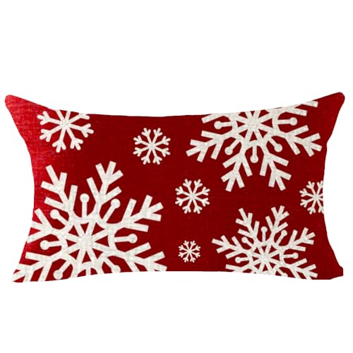 NIDITW Winter Gift Merry Christmas Snowflake Cotton Linen Lumbar Decorative Red Throw Pillow Cover Cushion Case for Farmhouse Sofa Couch Bed Waist 12x20 Inches (1-Red Snowflake)