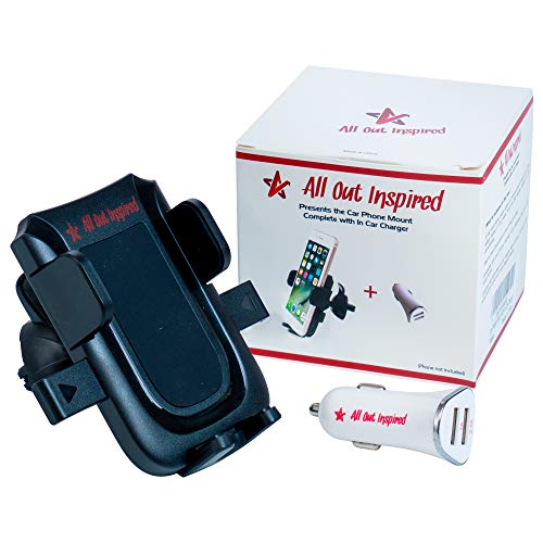 All Out Inspired Phone Mount Holder with 3.1A Dual Port in Car Charger - Best Hands Free Solution Suitable for Your iPhone, Samsung and Smartphone Upto 3.5 Inches Wide Lightweight, Sturdy, Sleek