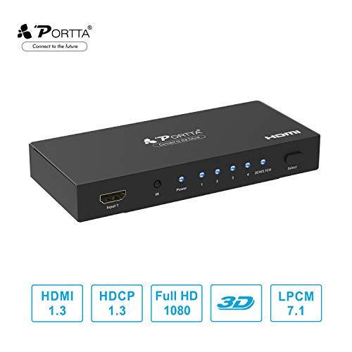 Portta HDMI Switch 4-Port HDMI Switcher Box v1.3 with Remote Control Stereo Audio