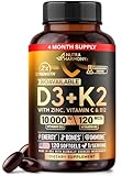 Vitamin D3 K2 - Vitamin D3 10000 iu & K2 120 mcg - Immune & Mood Support, for Bone & Teeth Health - with Zinc, Vitamin C & B12 - Highly Bioavailable - For Men & Women - Made in USA, 120 Softgels