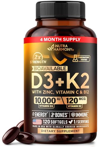 Vitamin D3 K2 - Vitamin D3 10000 iu & K2 120 mcg - Immune & Mood Support, for Bone & Teeth Health - with Zinc, Vitamin C & B12 - Highly Bioavailable - For Men & Women - Made in USA, 120 Softgels