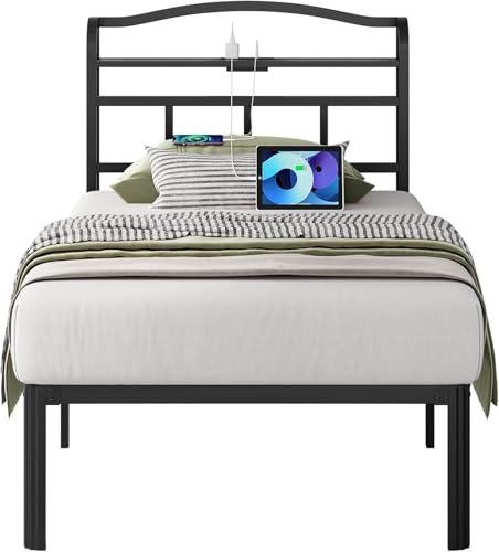 UOMEUR Metal Bed Frame with Headboard and USB & Type C Charging Station, Heavy Duty Metal Bed Frame No Box Spring Needed with Ample Storage Space - Easy Assembly and Noise Free(Black, Twin XL)
