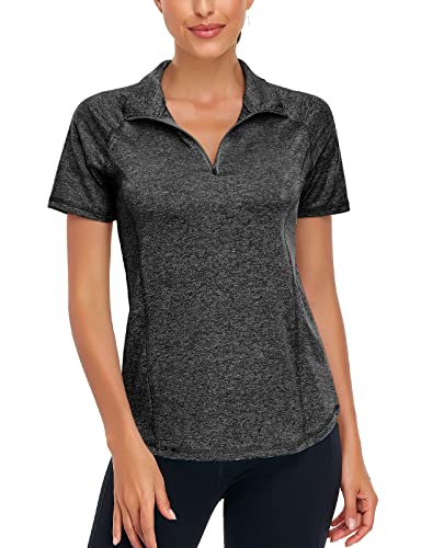 Luranee Short Sleeve Athletic Shirt Women, Casual Black Lightweight Half Zip Pullover Loose Hiking Running Clothes Comfy Workout Yoga Tops Fitness Gym Wear Sport Quick Dry Fit Polo Shirts M #TOP1