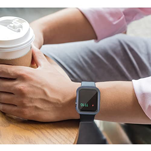 Image of HANKN (2 Pack Hard PC Case with Button for Apple Watch Series 7 8 9 45mm Tempered Glass Screen Protector Case, Full Coverage Matte Shell Thin Shockproof Iwatch Bumper Cover (Night Blue, 45mm)