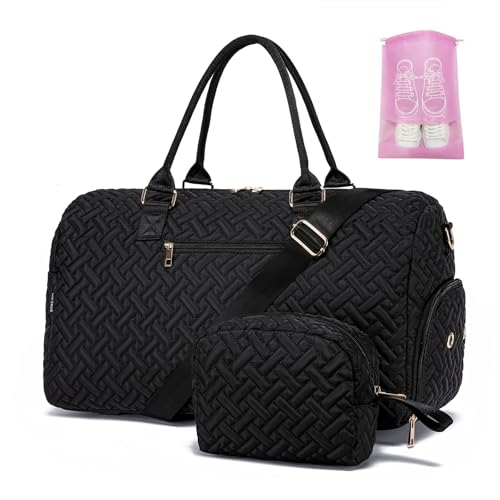Image of Duffle Bag for Travel, Weekender Bag with Shoe Compartment, Carry On Overnight Bag for Women with Toiletry Bag, Gym Bag with Wet Pocket, Hospital Bags for Labor and Delivery Beige, Black-Small
