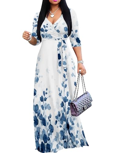 Image of Plus Size Dresses for Women Print Maxi Dresses 3 /4 Sleeve with Belt