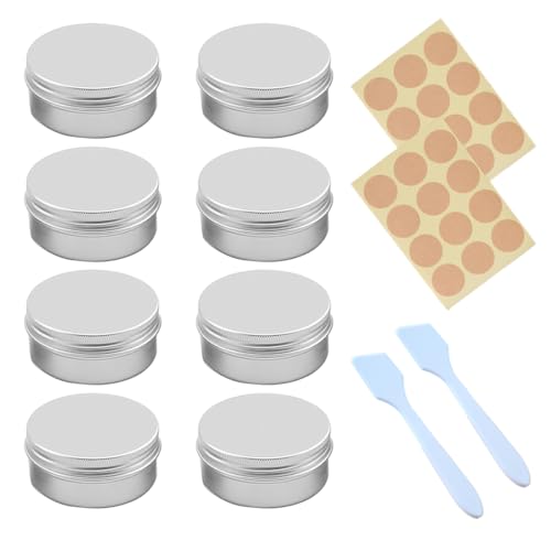 COYUN 8 Piezas Tarros de Aluminio, 15ml Contenedor de Cosméticos Redondo Tarros con Tapas, Pequeña Aluminio Latas Vacios Tarros para Velas Bálsamos Cosméticos Loción, con 24 Etiquetas, 2 Raspadores