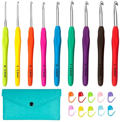 Uncinetto Set,9 Pezzi Kit Uncinetto Ergonomico 2mm-6mm, Maniglia Ergonomica Ganci Uncinetti,Comprende 10 Marcatori di Cucitura e 1 Sacchetto di Stoccaggio.