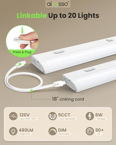 Image of ALUSSO 12 Inch LED Under Cabinet Lighting Hardwired 120V, 5CCT Color Selectable 2700K-5000K Dimmable 6W 480LM High Brightness, CRI 90+ Strip Linkable Under Counter Lights for Kitchen Sink, 1 Pack
