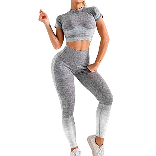 Conjunto Yoga Ropa Fitness Conjunto Deporte Mujer Pantalones Leggings De Yoga S�per El�sticos Sin Costuras y Camiseta Deportiva De Manga Corta Sin Costuras para Mujeres Gym Running Yoga (Blanco, S)