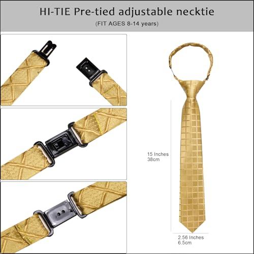 Image of Hi-Tie Boys Tie Pre-Tied Pocket Square Set Adjustable Kids Neckties Age 7-11 Years School UniForm Graduation