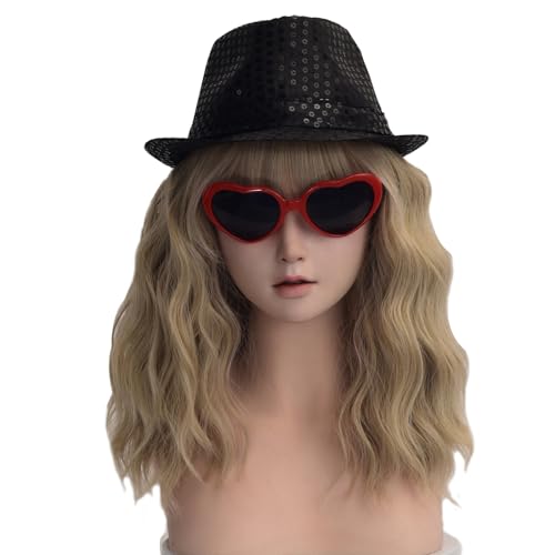 QACCF Party Dress Up Costume Accessory Black Sequin Fedora Hat with Red Heart-Shaped Glasses and Ash Blonde Wavy Wig