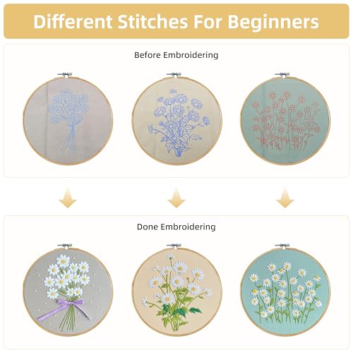 Image of KEKEMEOW 3 Sets Embroidery Kit for Beginners, Stitches with Wild Flower Patterns, DIY Cross Stitch Kits for Adults, Needlepoint Hand Embroidery Kit with Stamped Pattern、Instruction、Hoop