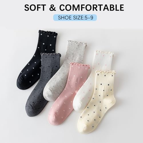 Image of Mcool Mary Women's Ruffle Socks,Casual Ankle Breathable Knit Cotton Cute Polka Dot Crew Frilly Sock 6 Pack