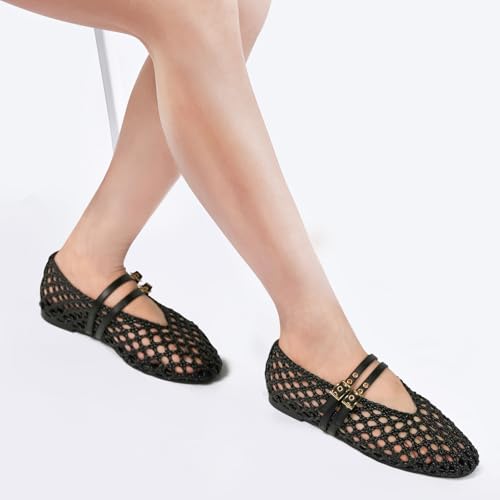 Image of Women's Woven Mary Jane Flats - Mesh Ballet Flats with Adjustable Double Metal Buckle Strap and Round Toe