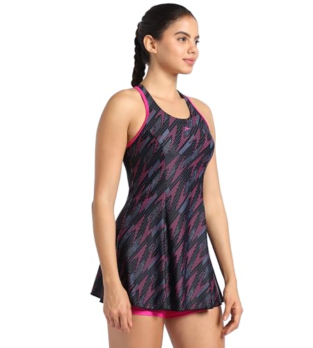 Image of Speedo Women's Endurance Hyperboom Printed Racerback Swimdress with Boyleg - Black & Electric Pink
